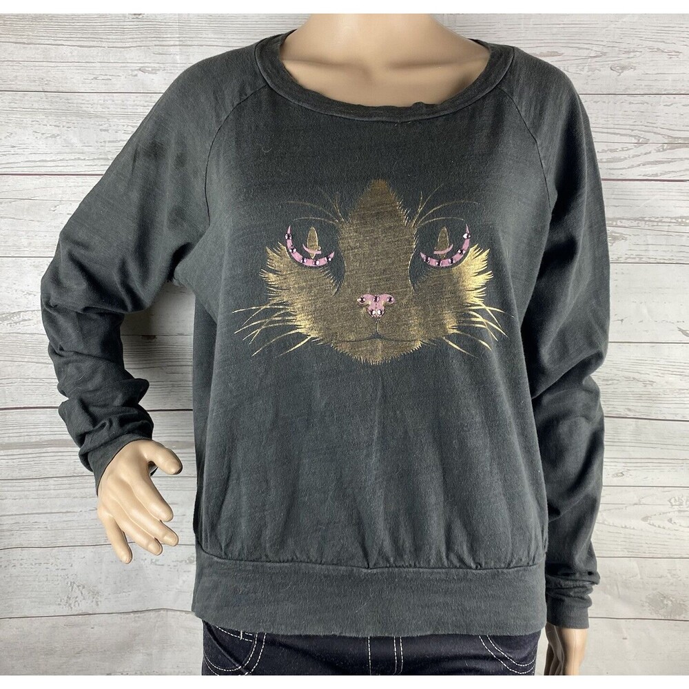 Yvette Mandell Shirt XS Dark Gray Gold Metallic Cat Face Pink Rhinestone Ears
